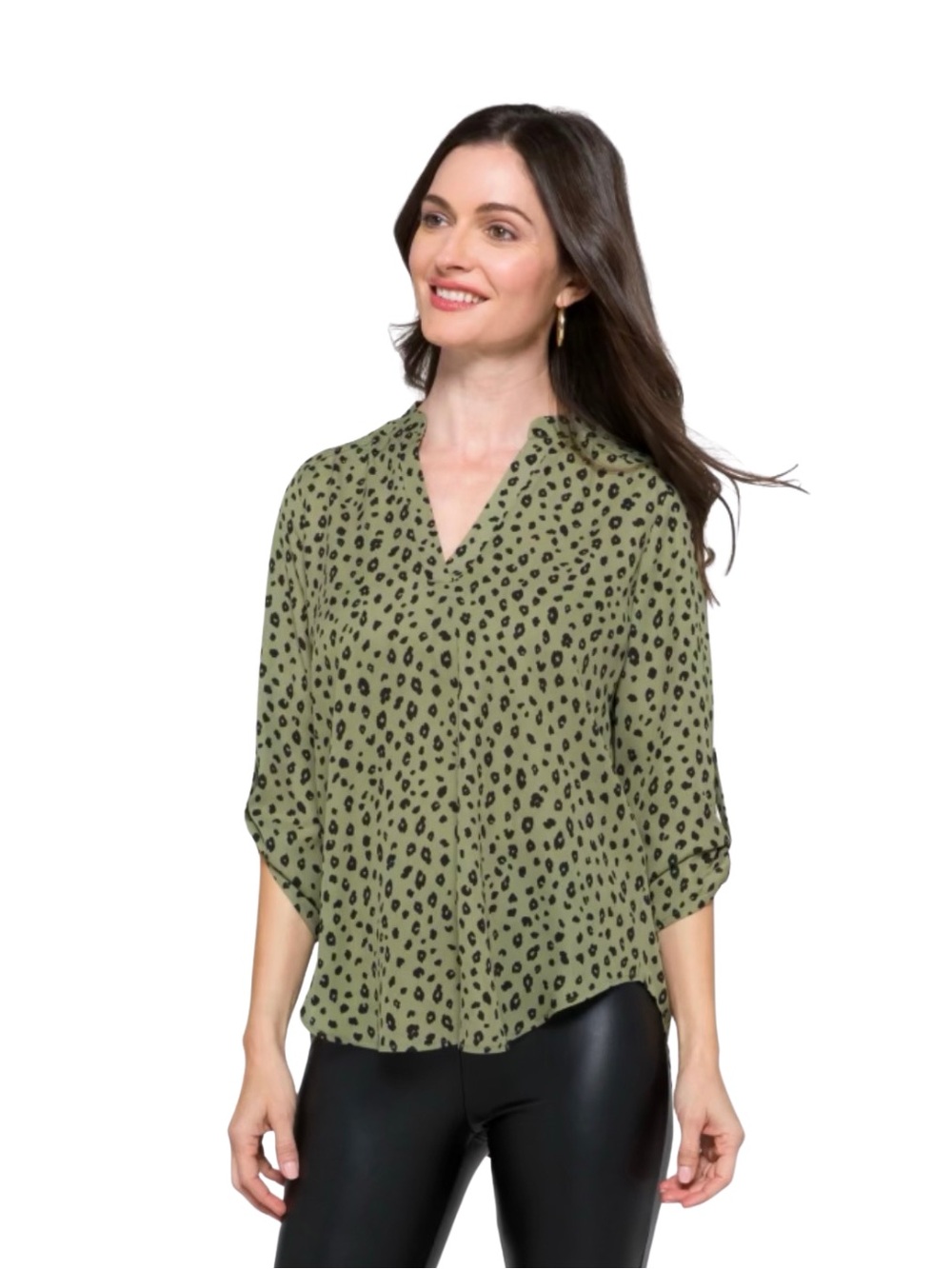 Lush Stitch Fix Warren Olive Green Leopard Print Split Neck Blouse, S